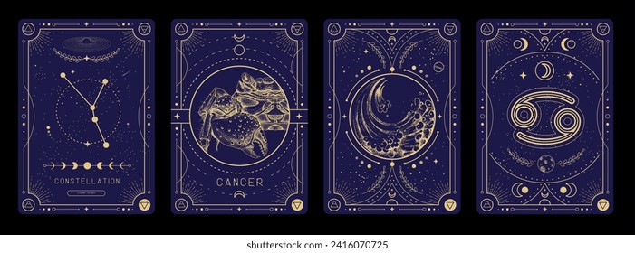 Juego de tarjetas de brujería mágica moderna con características de signo de zodiaco de cáncer de astrología. Ilustración del vector