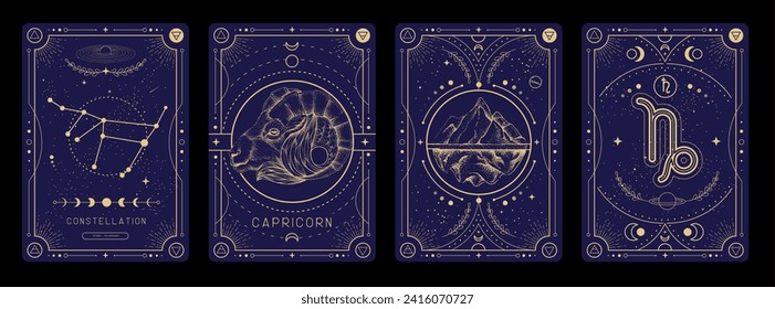 Set of Modern magic witchcraft cards with astrology Capricorn zodiac sign characteristic. Vector illustration