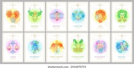 Set of Modern magic witchcraft cards with astrology zodiac signs on watercolor background. Zodiac characteristic. Vector illustration