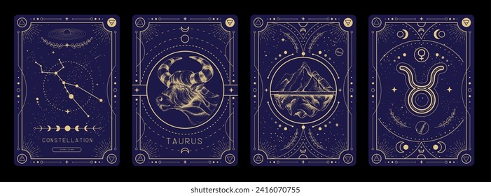 Set of Modern magic witchcraft cards with astrology Taurus zodiac sign characteristic. Vector illustration