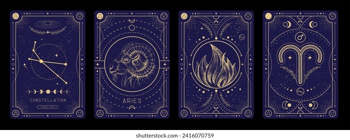 Set of Modern magic witchcraft cards with astrology Aries zodiac sign characteristic. Vector illustration