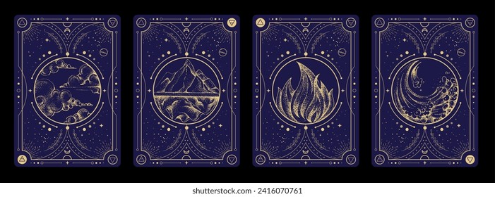 Set of Modern magic witchcraft cards with solar system and four elements. Hand drawing occult vector illustration of water, earth, fire, air elements.