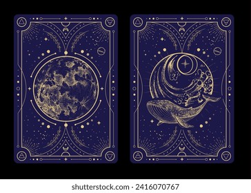 Set of Modern magic witchcraft cards with full moon and whale. Hand drawing occult vector illustration of whale, water and moon.