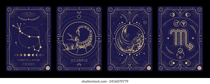 Set of Modern magic witchcraft cards with astrology Scorpio zodiac sign characteristic. Vector illustration