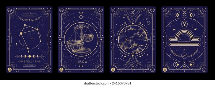 Set of Modern magic witchcraft cards with astrology Libra zodiac sign characteristic. Vector illustration