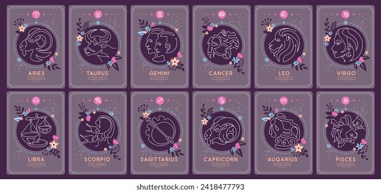 Set of Modern magic witchcraft cards with astrology zodiac signs in the night sky. Zodiac characteristic. Zodiac icons. Vector illustration