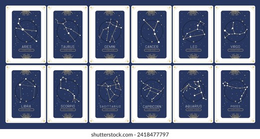 Set of Modern magic witchcraft cards with astrology zodiac constellations in the sky.  Zodiac icons. Vector illustration
