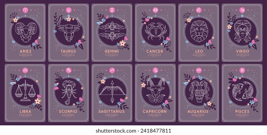 Set of Modern magic witchcraft cards with astrology zodiac signs in the night sky. Zodiac characteristic. Zodiac icons. Vector illustration