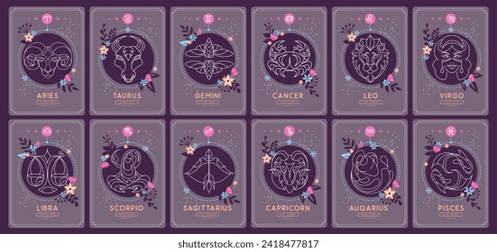 Juego de tarjetas de brujería mágica moderna con signos astrológicos de zodiac en el cielo nocturno. Característica del zodiaco. Iconos zoológicos. Ilustración del vector