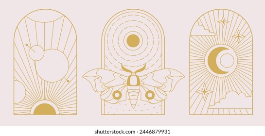 Set of Modern magic witchcraft cards with sun, moon and butterfly. Line art occult vector illustration