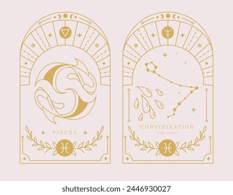 Set of Modern magic witchcraft cards with astrology Pisces zodiac sign characteristic. Vector illustration