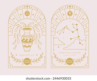 Set of Modern magic witchcraft cards with astrology Aquarius zodiac sign characteristic. Vector illustration