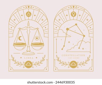 Set of Modern magic witchcraft cards with astrology Libra zodiac sign characteristic. Vector illustration