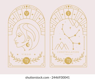 Set von modernen magischen Hexenkarten mit Astrologie Jungfrau Sternzeichen Charakteristik. Vektorillustration