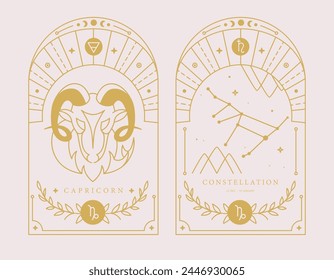 Set of Modern magic witchcraft cards with astrology Capricorn zodiac sign characteristic. Vector illustration