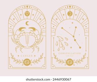 Set of Modern magic witchcraft cards with astrology Cancer zodiac sign characteristic. Vector illustration