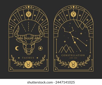 Set of Modern magic witchcraft cards with astrology Taurus zodiac sign characteristic. Vector illustration