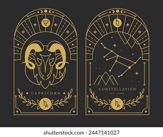 Set of Modern magic witchcraft cards with astrology Capricorn zodiac sign characteristic. Vector illustration