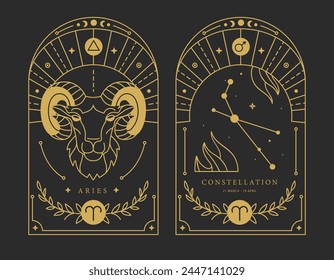 Set of Modern magic witchcraft cards with astrology Aries zodiac sign characteristic. Vector illustration