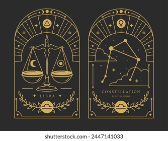 Set of Modern magic witchcraft cards with astrology Libra zodiac sign characteristic. Vector illustration