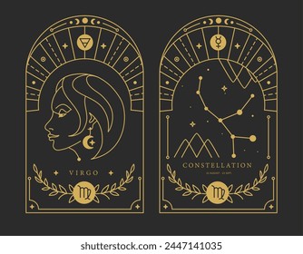 Set of Modern magic witchcraft cards with astrology Virgo zodiac sign characteristic. Vector illustration