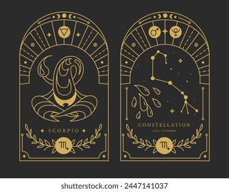 Set of Modern magic witchcraft cards with astrology Scorpio zodiac sign characteristic. Vector illustration