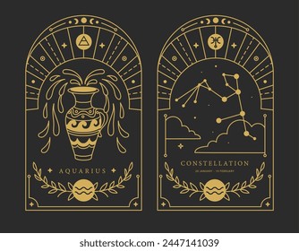 Set of Modern magic witchcraft cards with astrology Aquarius zodiac sign characteristic. Vector illustration