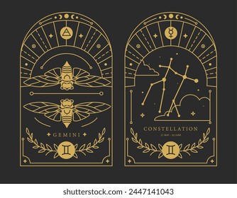 Set of Modern magic witchcraft cards with astrology Gemini zodiac sign characteristic. Vector illustration