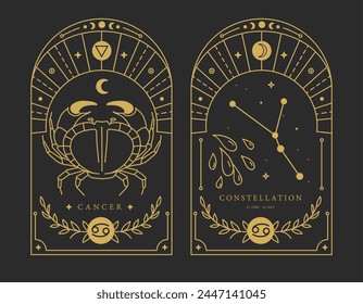 Set of Modern magic witchcraft cards with astrology Cancer zodiac sign characteristic. Vector illustration