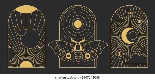 Set of Modern magic witchcraft cards with sun, moon and butterfly. Line art occult vector illustration