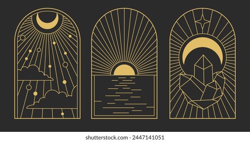 Set of Modern magic witchcraft cards with sun and moon. Line art occult vector illustration