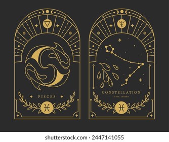 Set of Modern magic witchcraft cards with astrology Pisces zodiac sign characteristic. Vector illustration