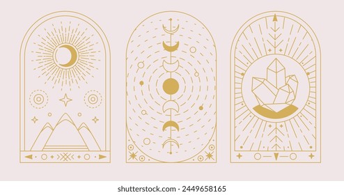 Set of Modern magic witchcraft cards with sun and moon. Line art occult vector illustration