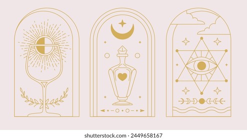 Set of Modern magic witchcraft cards with wine glass, all seeing eye and bottle. Line art occult vector illustration