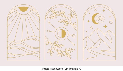 Set of Modern magic witchcraft cards with sun, moon, mountains and ocean. Line art occult vector illustration