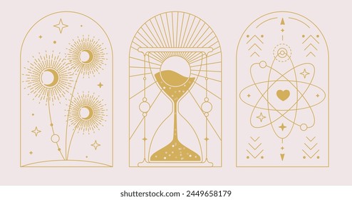 Set of Modern magic witchcraft cards with hourglass, sun, moon and dandelions. Line art occult vector illustration