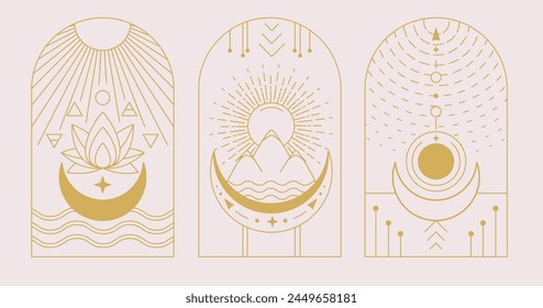 Set of Modern magic witchcraft cards with Four elements and lotus. Line art occult vector illustration