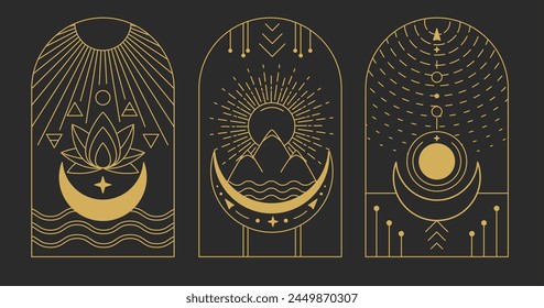 Set of Modern magic witchcraft cards with Four elements and lotus. Line art occult vector illustration