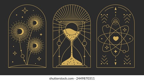 Conjunto de tarjetas de brujería mágica moderna con reloj de arena, sol, luna y dientes de león. Ilustración vectorial oculta de arte lineal