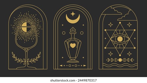 Set of Modern magic witchcraft cards with wine glass, all seeing eye and bottle. Line art occult vector illustration