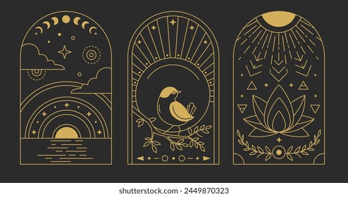 Set of Modern magic witchcraft cards with bird, sun, moon and lotus. Line art occult vector illustration