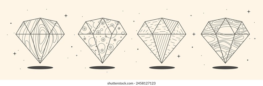 Set of Modern magic witchcraft cards with geometric diamonds or crystals. Line art occult vector illustration