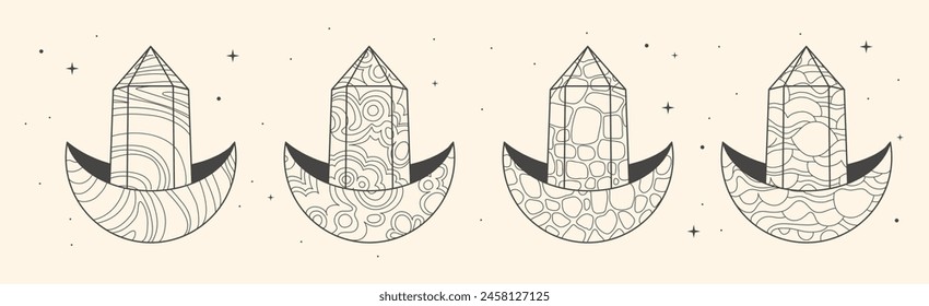 Set of Modern magic witchcraft cards with geometric crescent and crystal. Line art occult vector illustration