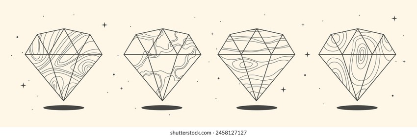 Set of Modern magic witchcraft cards with geometric diamonds or crystals. Line art occult vector illustration