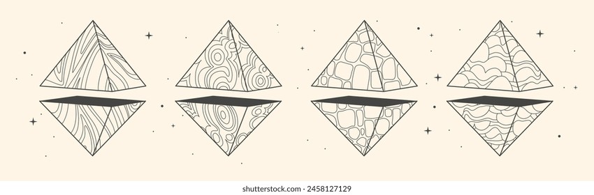 Set of Modern magic witchcraft cards with geometric pyramids or crystals. Line art occult vector illustration