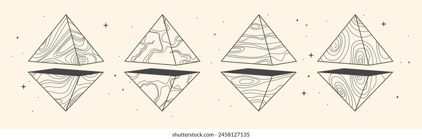 Conjunto de cartas de brujería mágica moderna con pirámides geométricas o cristales. Ilustración vectorial oculta de arte lineal