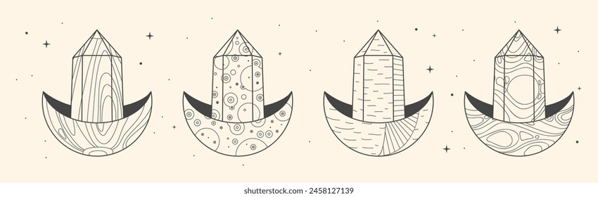 Conjunto de tarjetas de brujería mágica moderna con media luna geométrica y cristal. Ilustración vectorial oculta de arte lineal