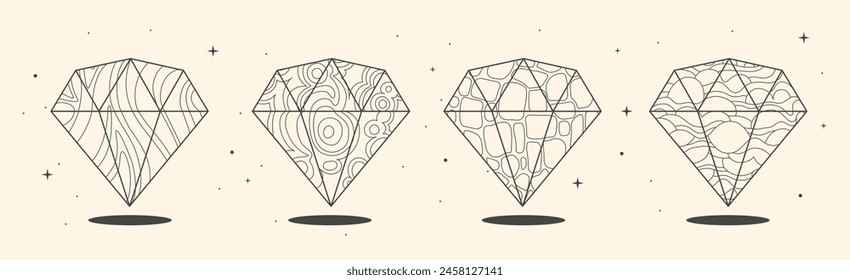 Conjunto de tarjetas de brujería mágica moderna con diamantes geométricos o cristales. Ilustración vectorial oculta de arte lineal