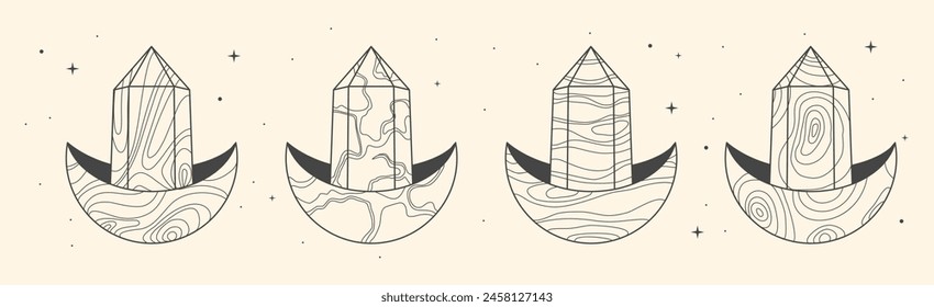 Conjunto de tarjetas de brujería mágica moderna con media luna geométrica y cristal. Ilustración vectorial oculta de arte lineal