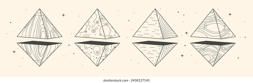 Satz moderner magischer Hexenkarten mit geometrischen Pyramiden oder Kristallen. Okkulte Vektorillustration der Linienkunst